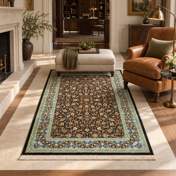 AI-generated interior visualization — MW-HM-0885, 199 x 135 cm, rectangle rug; illustrative interior styling, not a customer project or measurement.