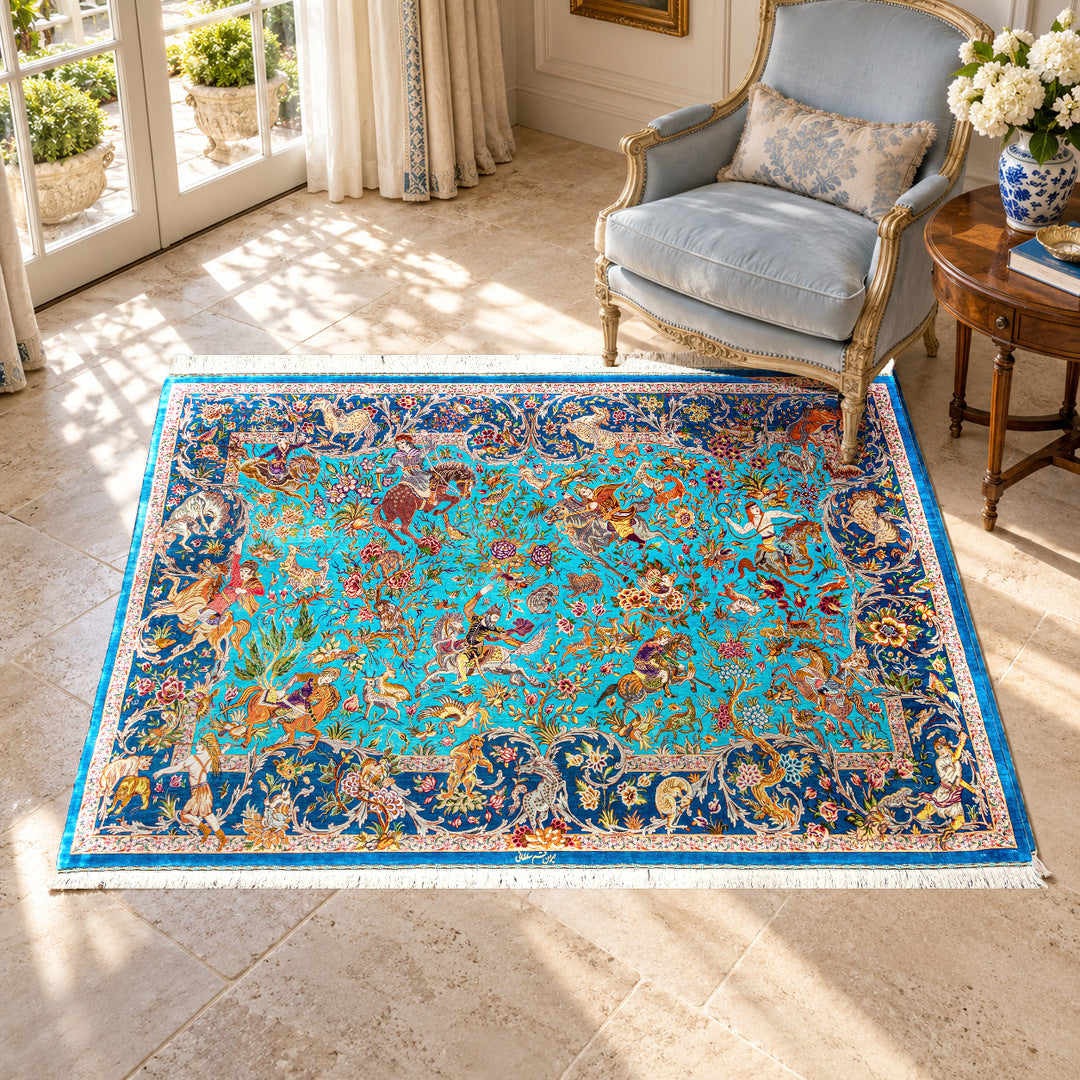 AI-generated interior visualization with original rug photograph — MW-HM-0886, woven rug 204 x 136 cm, excluding any frame. Illustrative scale, not a customer project.