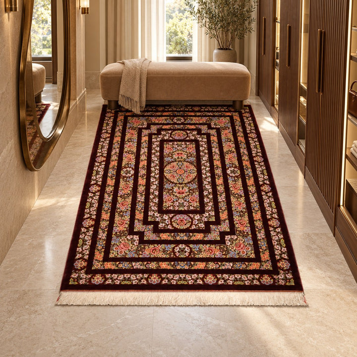 AI-generated interior visualization — MW-HM-0888, 197 x 137 cm, rectangle rug; illustrative interior styling, not a customer project or measurement.