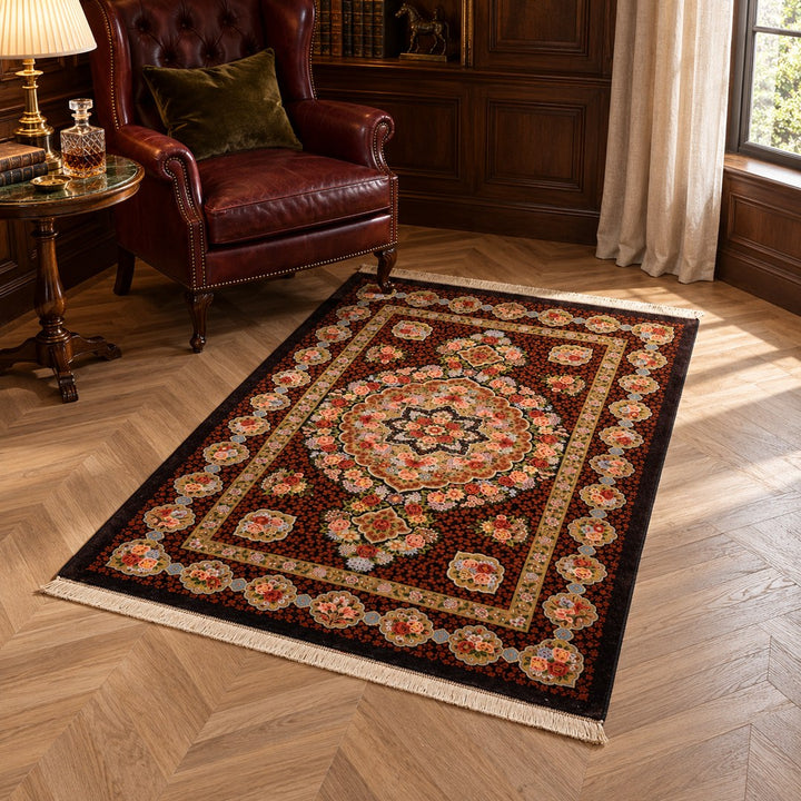 AI-generated interior visualization of MW-HM-0889, rectangular rug 210 x 135 cm. Styling illustration; see the original product photograph for exact details.