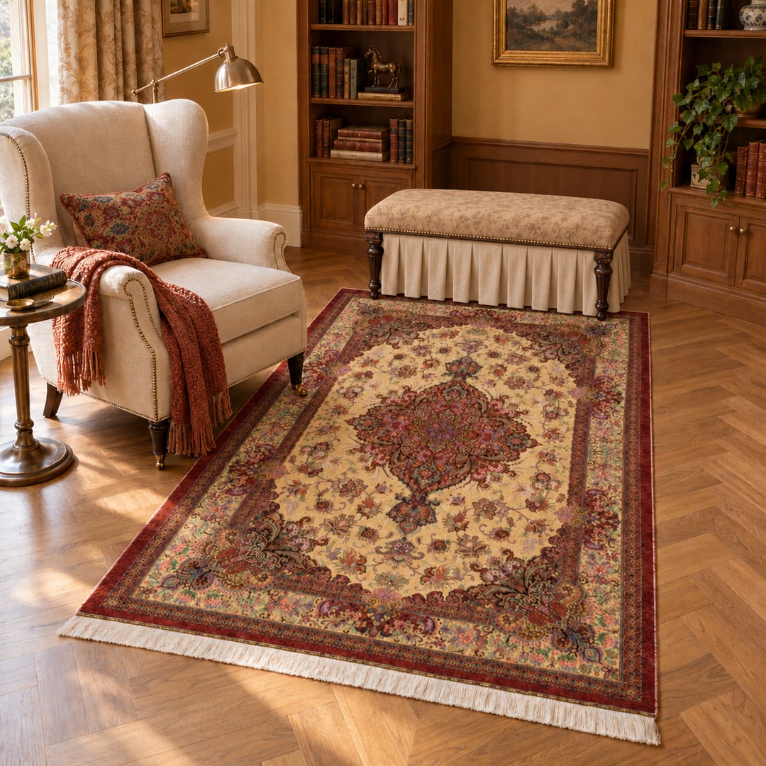 AI-generated interior visualization — MW-HM-0890, 202 x 135 cm, rectangle rug; illustrative interior styling, not a customer project or measurement.