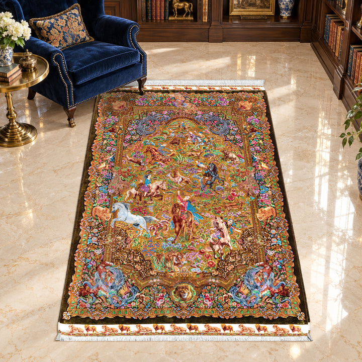 AI-generated interior visualization with original rug photograph — MW-HM-0894, woven rug 207 x 139 cm, excluding any frame. Illustrative scale, not a customer project.