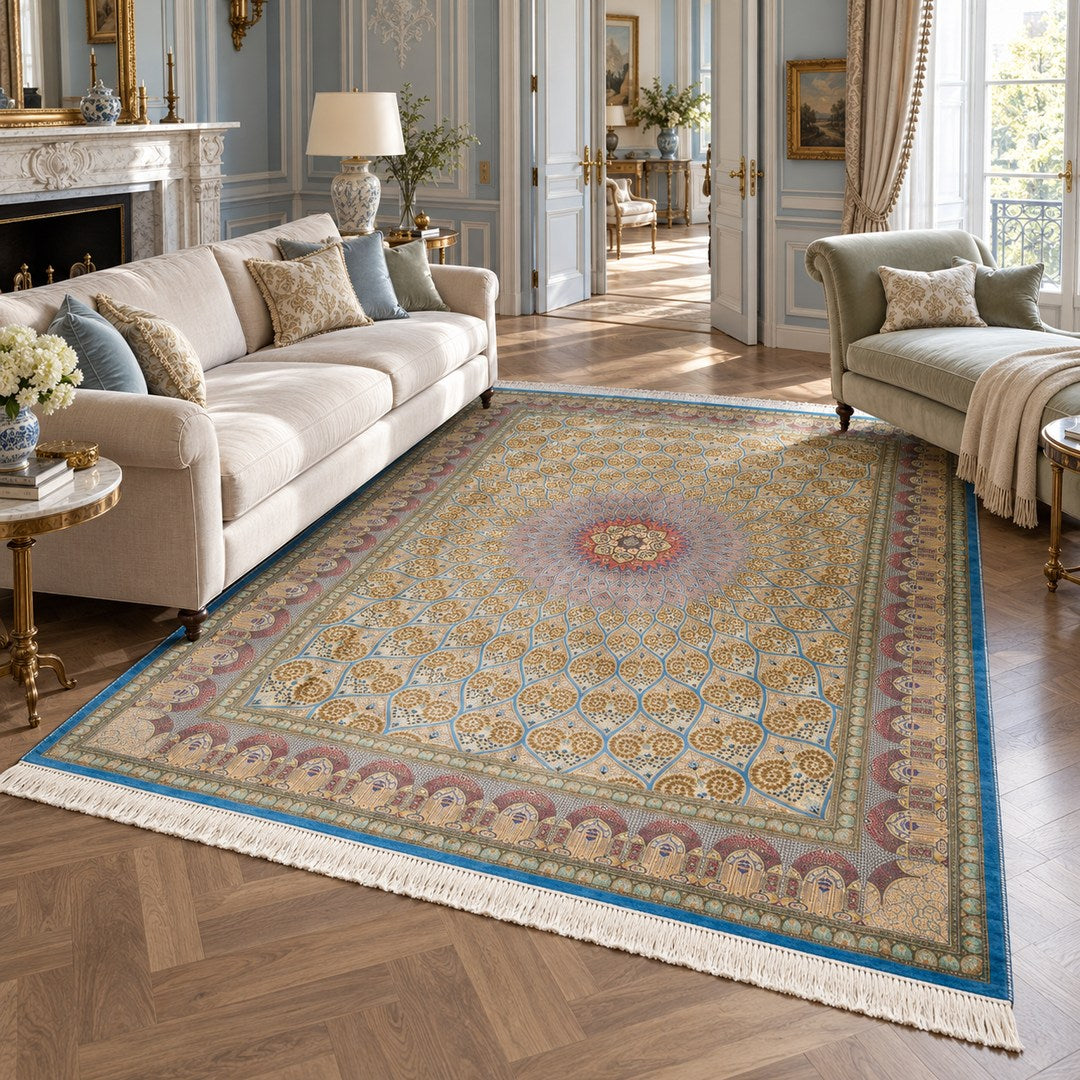 AI-generated interior visualization of MW-HM-0895, rectangle rug 345 × 244 cm. Styling illustration; see original product photograph for exact details.