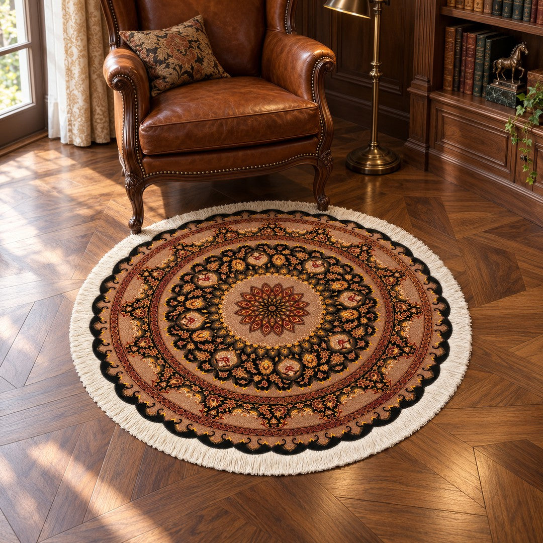 AI-generated interior visualization — MW-HM-0899 — round, diameter 122 cm. Illustrative scale; not a measured installation or customer project.