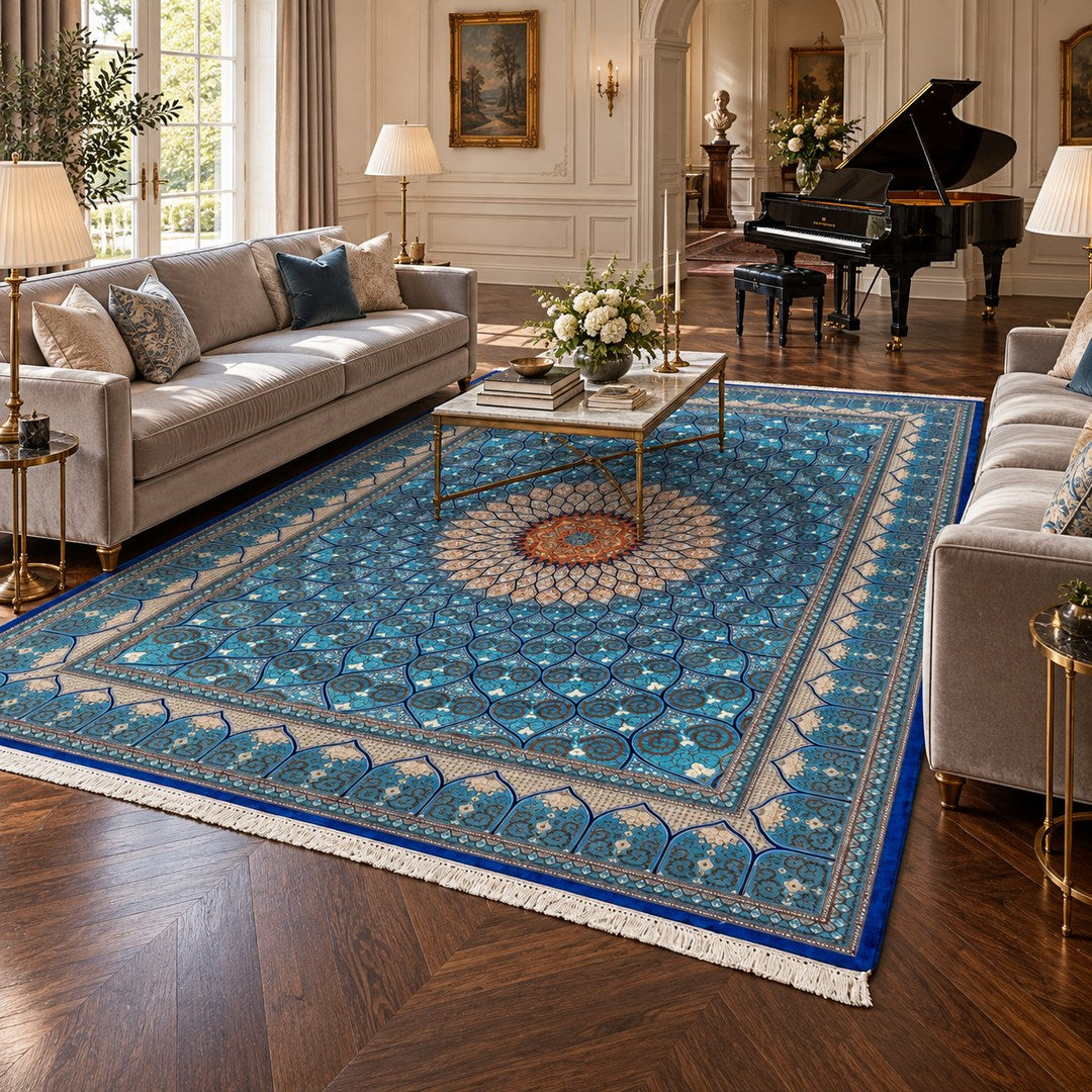 AI-generated interior visualization of MW-HM-0900, rectangle rug 357 × 243 cm. Styling illustration; see original product photograph for exact details.