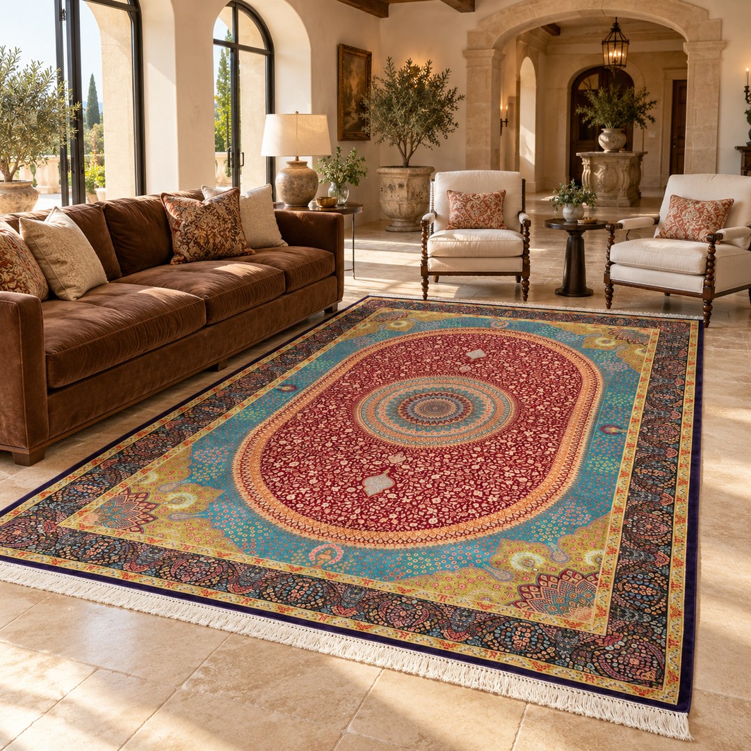 AI-generated interior visualization of MW-HM-0901, rectangular rug 388 x 299 cm. Styling illustration; see the original product photograph for exact details.