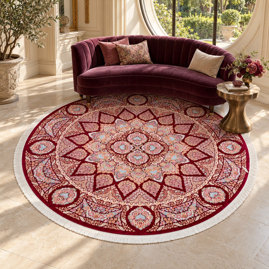 AI-generated interior visualization — MW-HM-0902, 244 x 244 cm, round rug; illustrative interior styling, not a customer project or measurement.