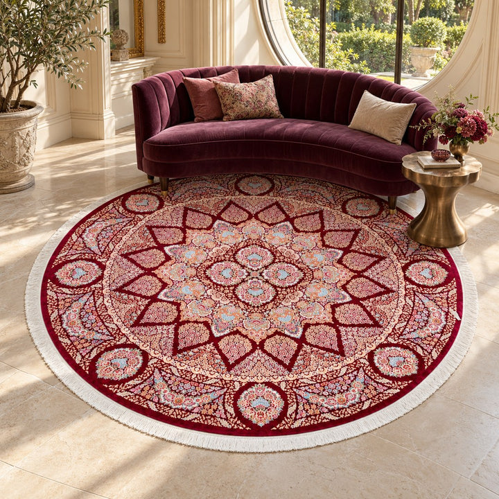 AI-generated interior visualization — MW-HM-0902, 244 x 244 cm, round rug; illustrative interior styling, not a customer project or measurement.
