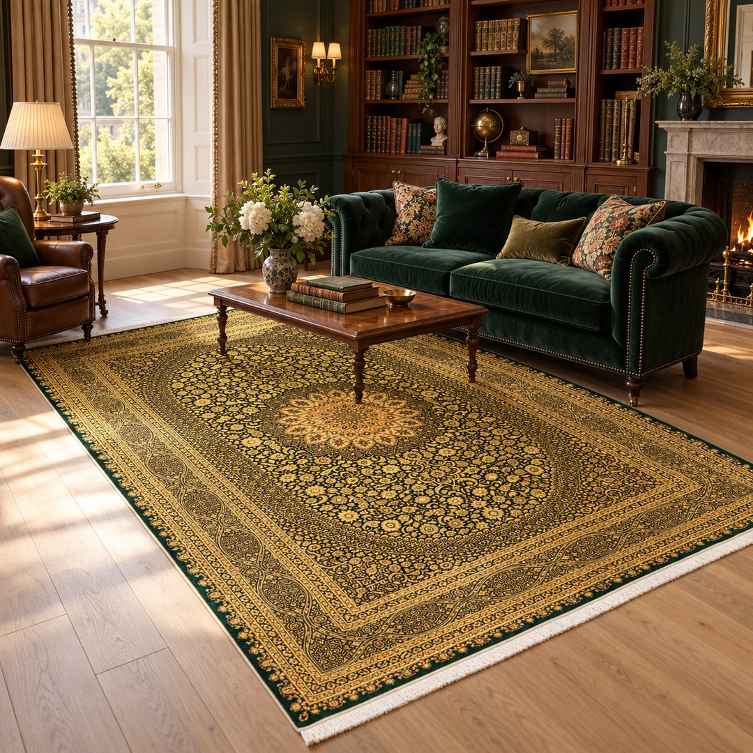AI-generated interior visualization of MW-HM-0903, rectangular rug 290 x 194 cm. Styling illustration; see the original product photograph for exact details.