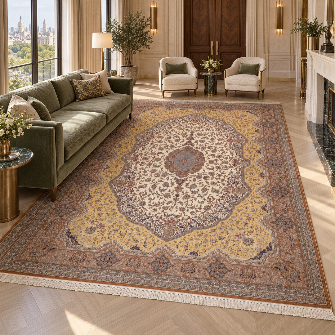 AI-generated interior visualization — MW-HM-0904, 507 x 347 cm, large rectangle rug; illustrative interior styling, not a customer project or measurement.