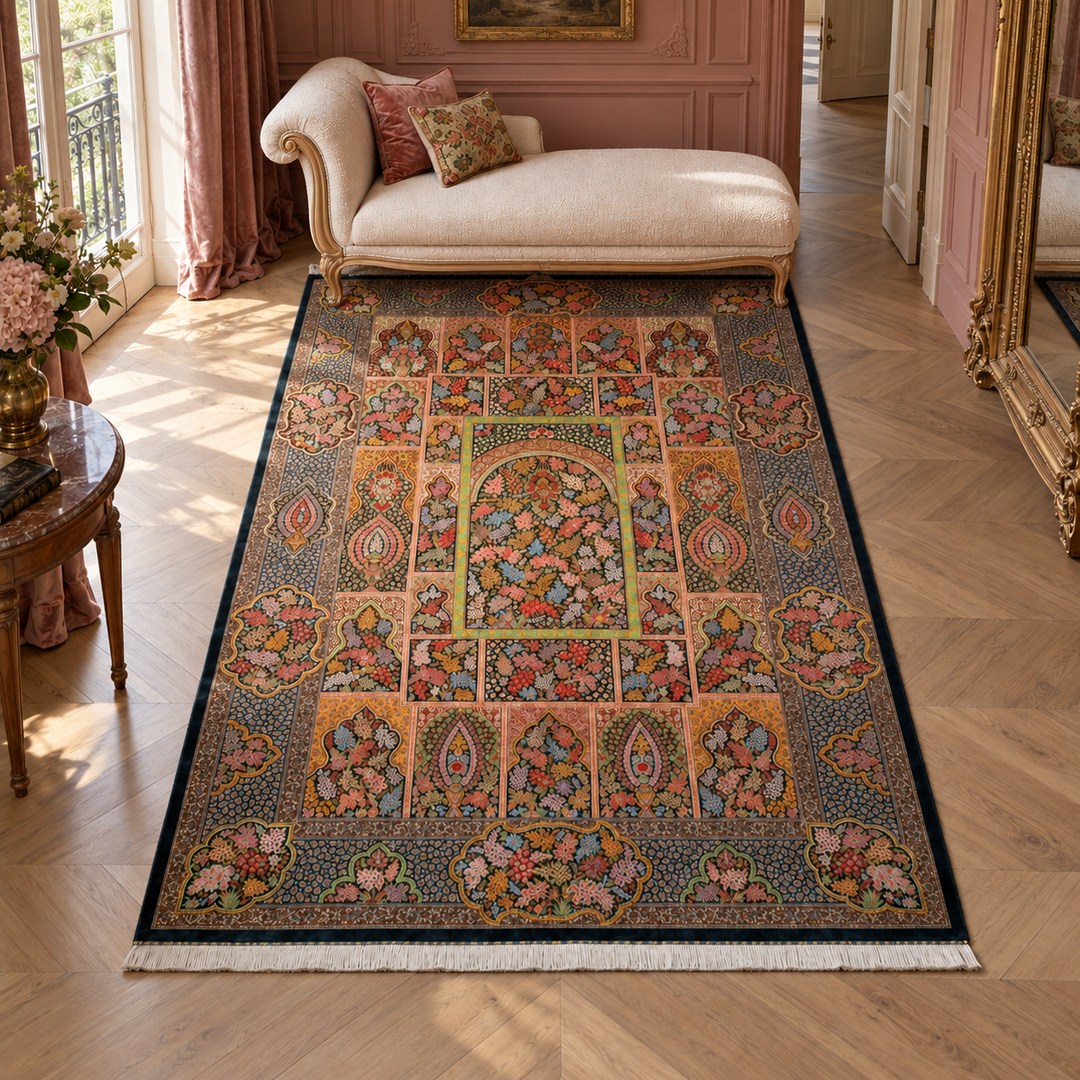 AI-generated interior visualization — MW-HM-0905, 307 x 201 cm, rectangle rug; illustrative interior styling, not a customer project or measurement.