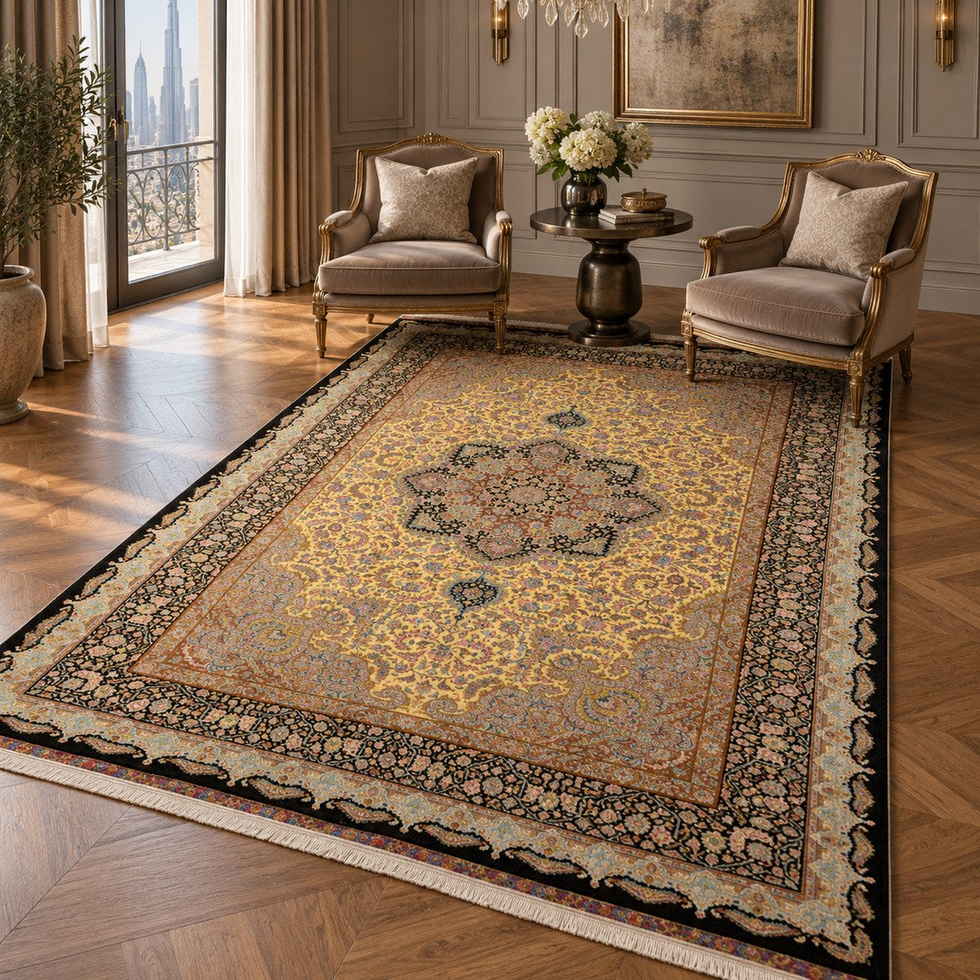 AI-generated interior visualization of MW-HM-0906, rectangular rug 305 × 202 cm. Styling illustration; see the original product photograph for exact details.