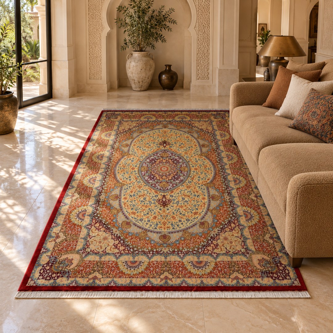 AI-generated interior visualization — MW-HM-0907, 311 x 201 cm, rectangle rug; illustrative interior styling, not a customer project or measurement.