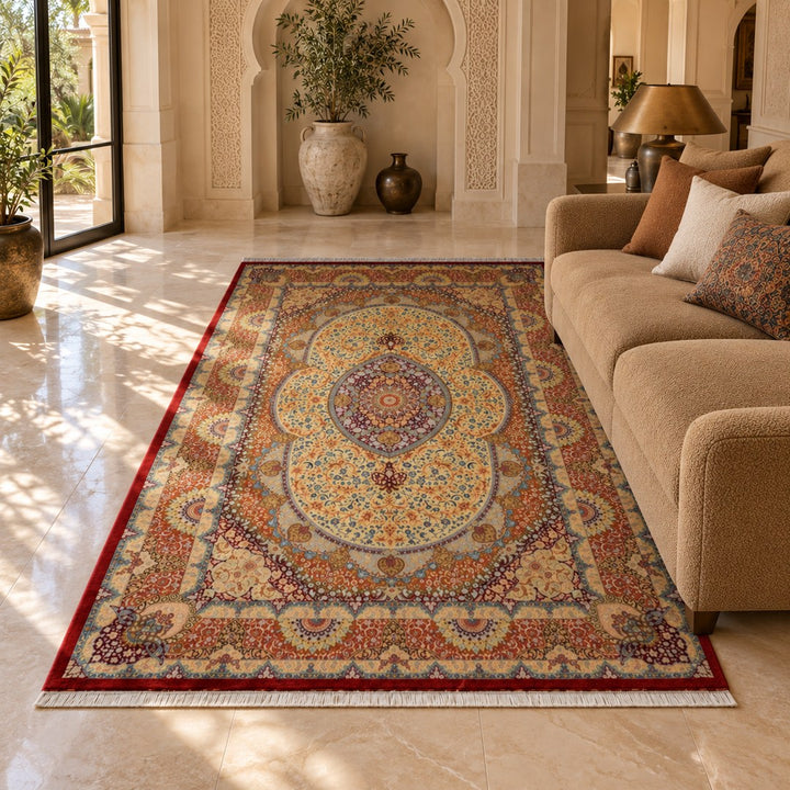 AI-generated interior visualization — MW-HM-0907, 311 x 201 cm, rectangle rug; illustrative interior styling, not a customer project or measurement.