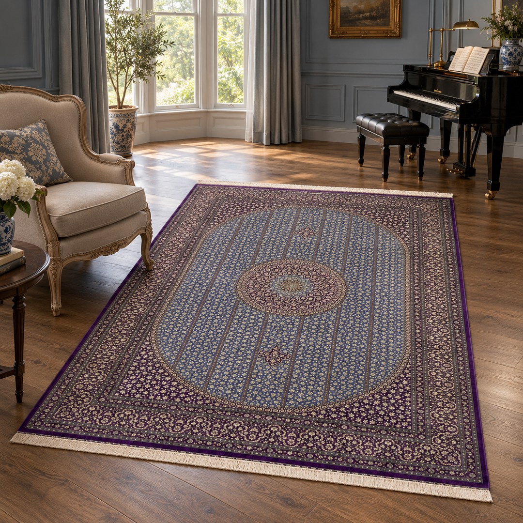 AI-generated interior visualization — MW-HM-0908, 303 x 202 cm, rectangle rug; illustrative interior styling, not a customer project or measurement.