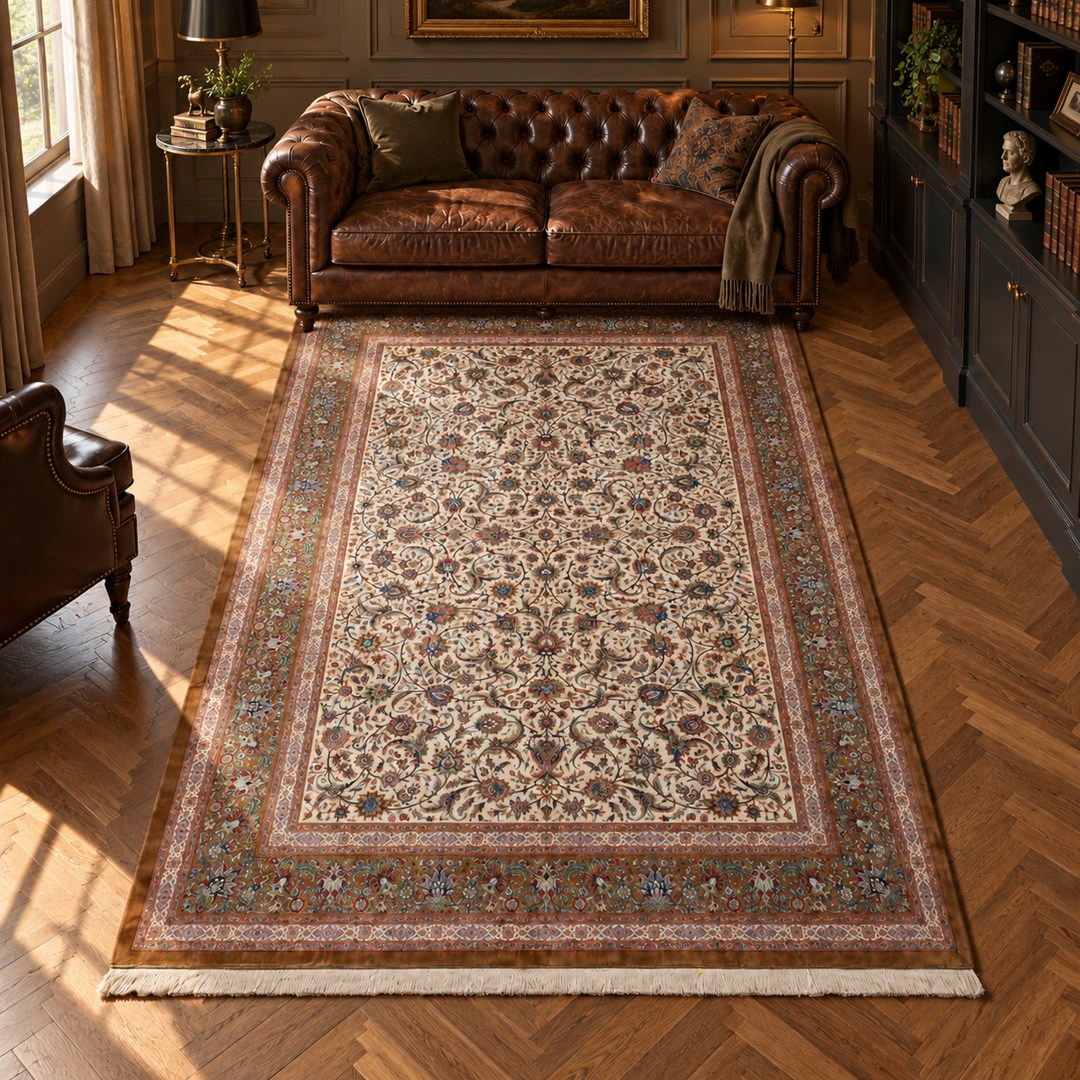 AI-generated interior visualization — MW-HM-0909, 303 x 195 cm, rectangle rug; illustrative interior styling, not a customer project or measurement.