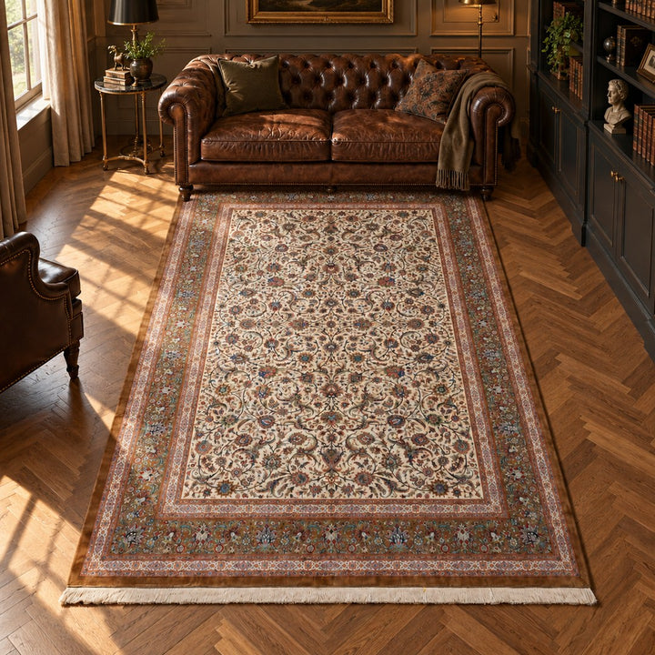 AI-generated interior visualization — MW-HM-0909, 303 x 195 cm, rectangle rug; illustrative interior styling, not a customer project or measurement.