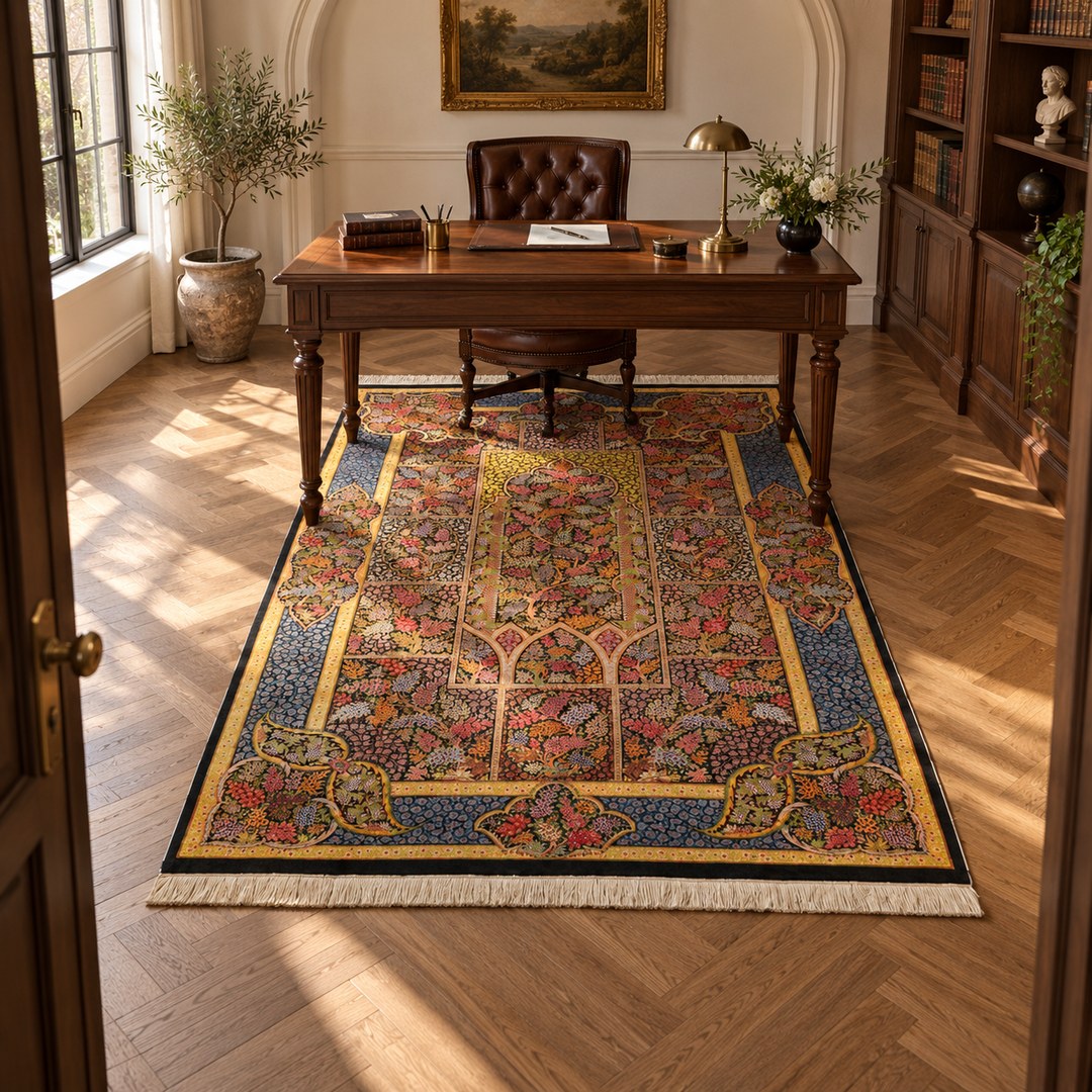 AI-generated interior visualization — MW-HM-0910, 261 x 166 cm; illustrative scale, not a real customer project.