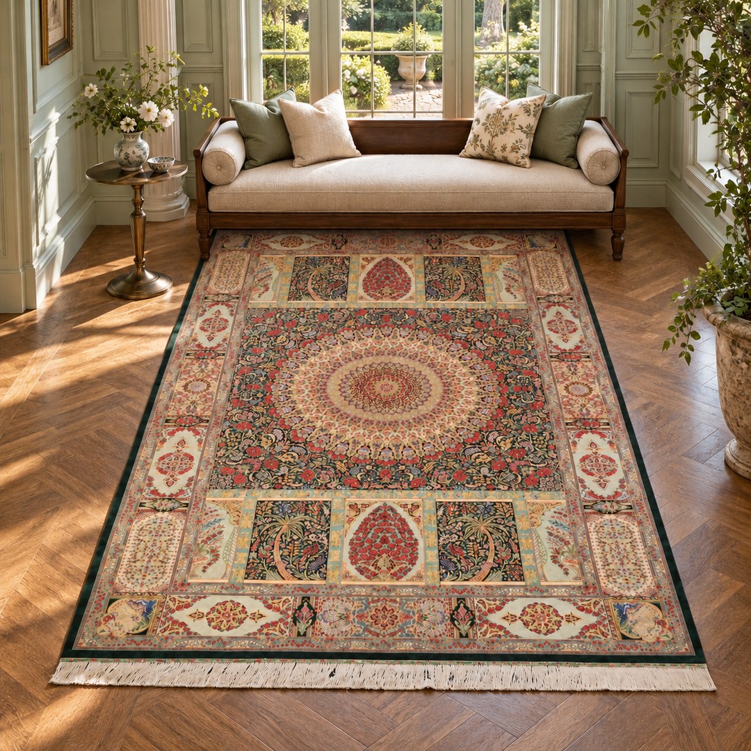 AI-generated interior visualization — MW-HM-0911, 296 x 197 cm, rectangle rug; illustrative interior styling, not a customer project or measurement.