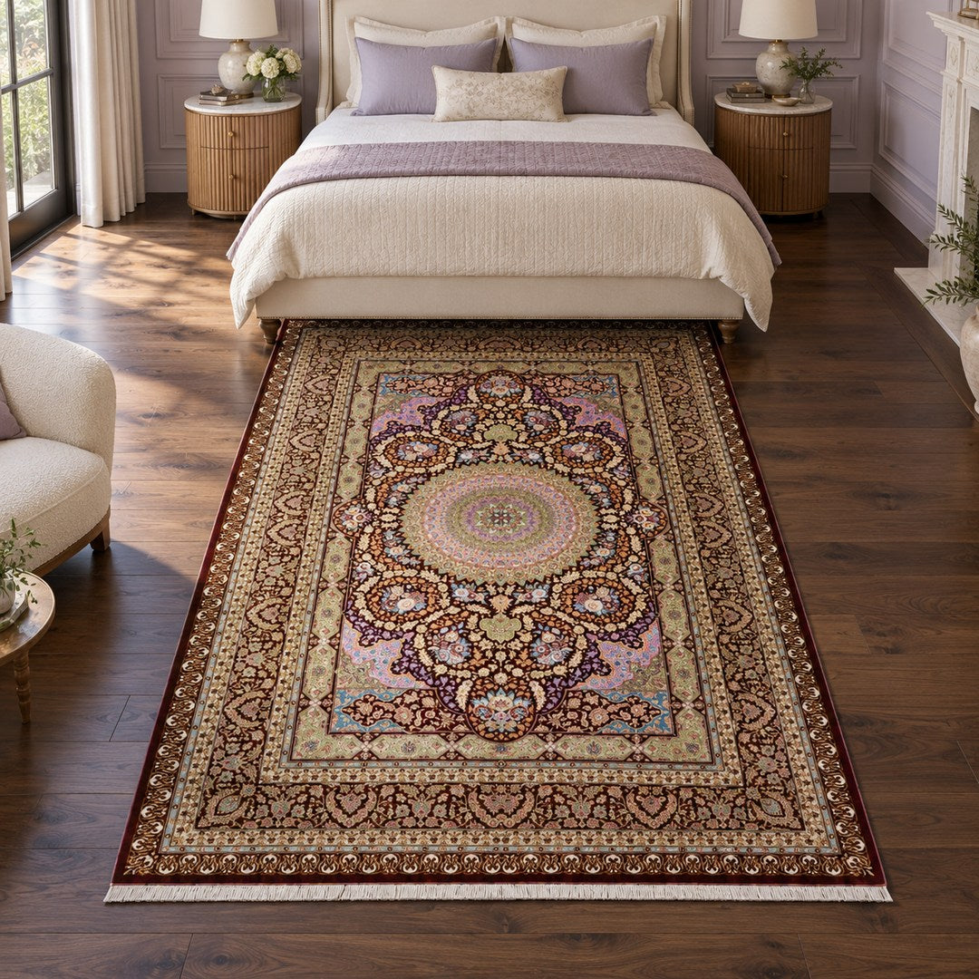 AI-generated interior visualization — MW-HM-0912, 308 x 194 cm, rectangle rug; illustrative interior styling, not a customer project or measurement.