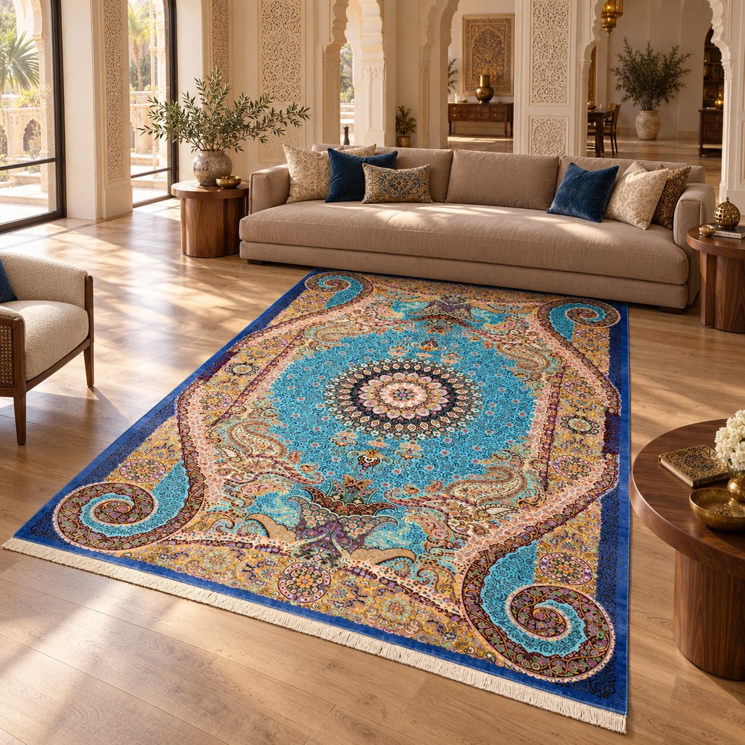 AI-generated interior visualization — MW-HM-0913, rectangular rug 300 x 194 cm. Styling illustration; original product photo shows exact details.