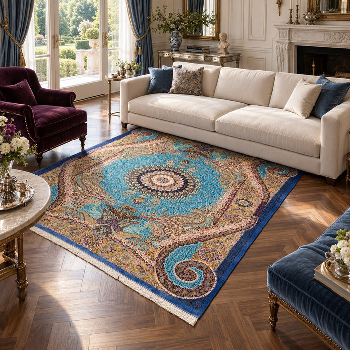 AI-generated interior visualization — MW-HM-0914, rectangular rug 296 x 194 cm. Styling illustration; original product photo shows exact details.