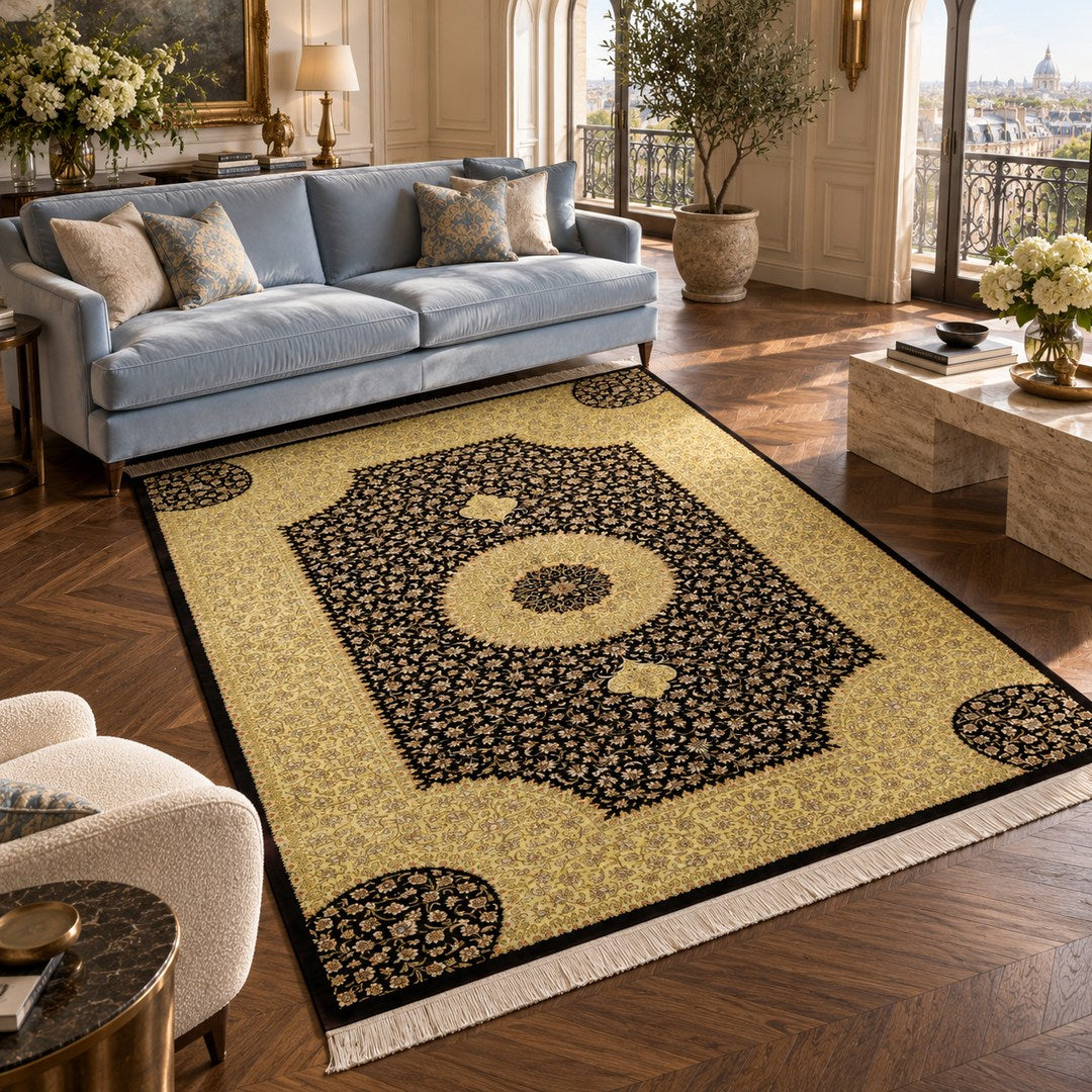 AI-generated interior visualization — MW-HM-0915, rectangular rug 296 x 197 cm. Styling illustration; original product photo shows exact details.