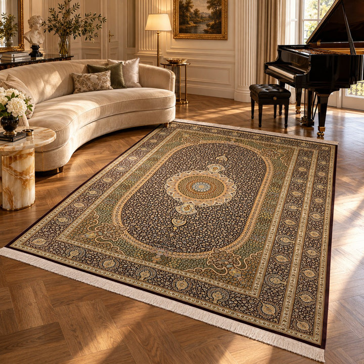 AI-generated interior visualization — MW-HM-0916, rectangular rug 300 x 197 cm. Styling illustration; original product photo shows exact details.