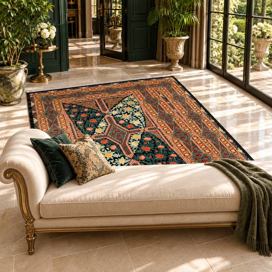 AI-generated interior visualization — MW-HM-0917, 298 x 201 cm, rectangle rug; illustrative interior styling, not a customer project or measurement.