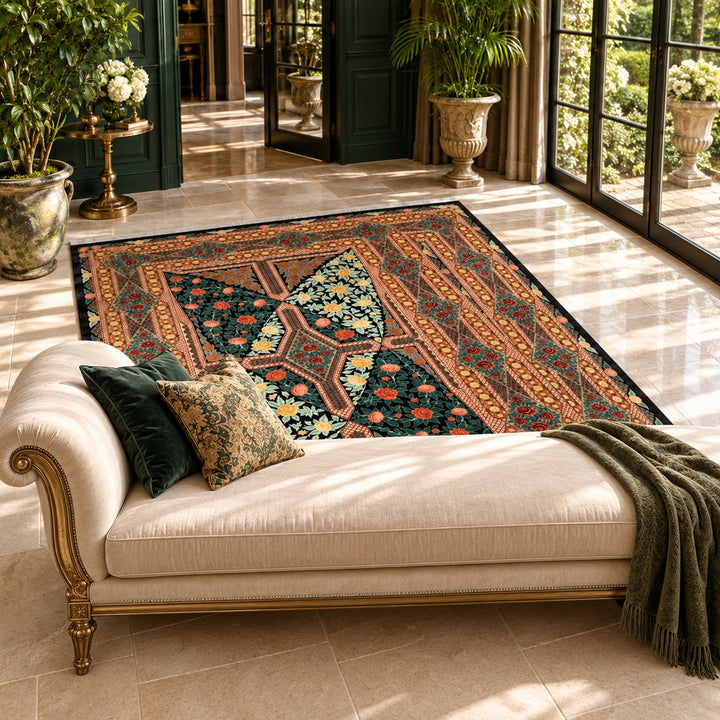 AI-generated interior visualization — MW-HM-0917, 298 x 201 cm, rectangle rug; illustrative interior styling, not a customer project or measurement.