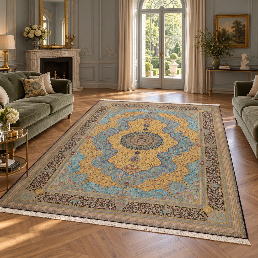 AI-generated interior visualization of MW-HM-0921, rectangular rug 396 x 295 cm. Styling illustration; see the original product photograph for exact details.