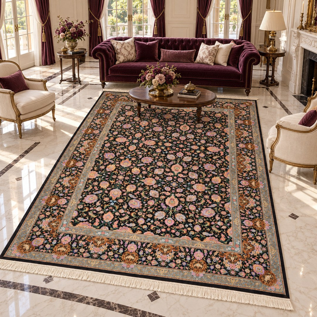 AI-generated interior visualization of MW-HM-0922, rectangular rug 395 x 294 cm. Styling illustration; see the original product photograph for exact details.