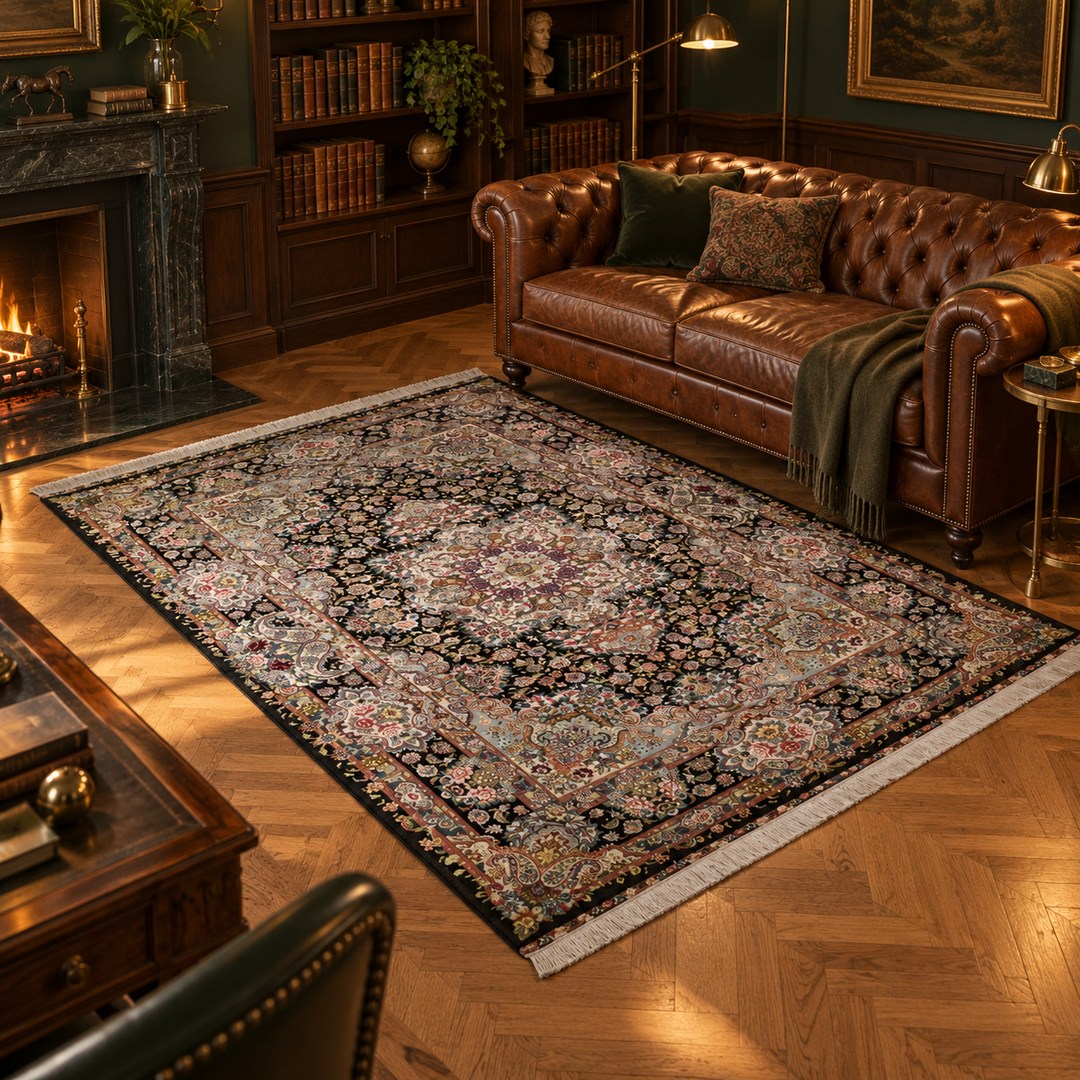 AI-generated interior visualization — MW-HM-0924, rectangular rug 304 x 197 cm. Styling illustration; original product photo shows exact details.