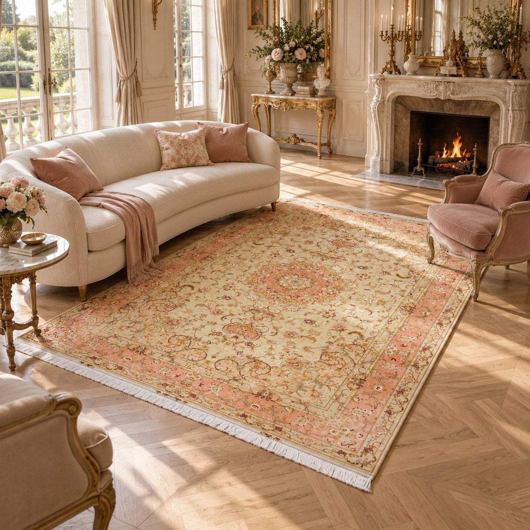 AI-generated interior visualization — MW-HM-0925, rectangular rug 301 x 201 cm. Styling illustration; original product photo shows exact details.