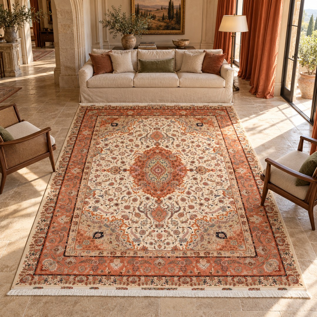 AI-generated interior visualization — MW-HM-0926, 403 x 298cm, large rectangle rug; illustrative interior styling, not a customer project or measurement.