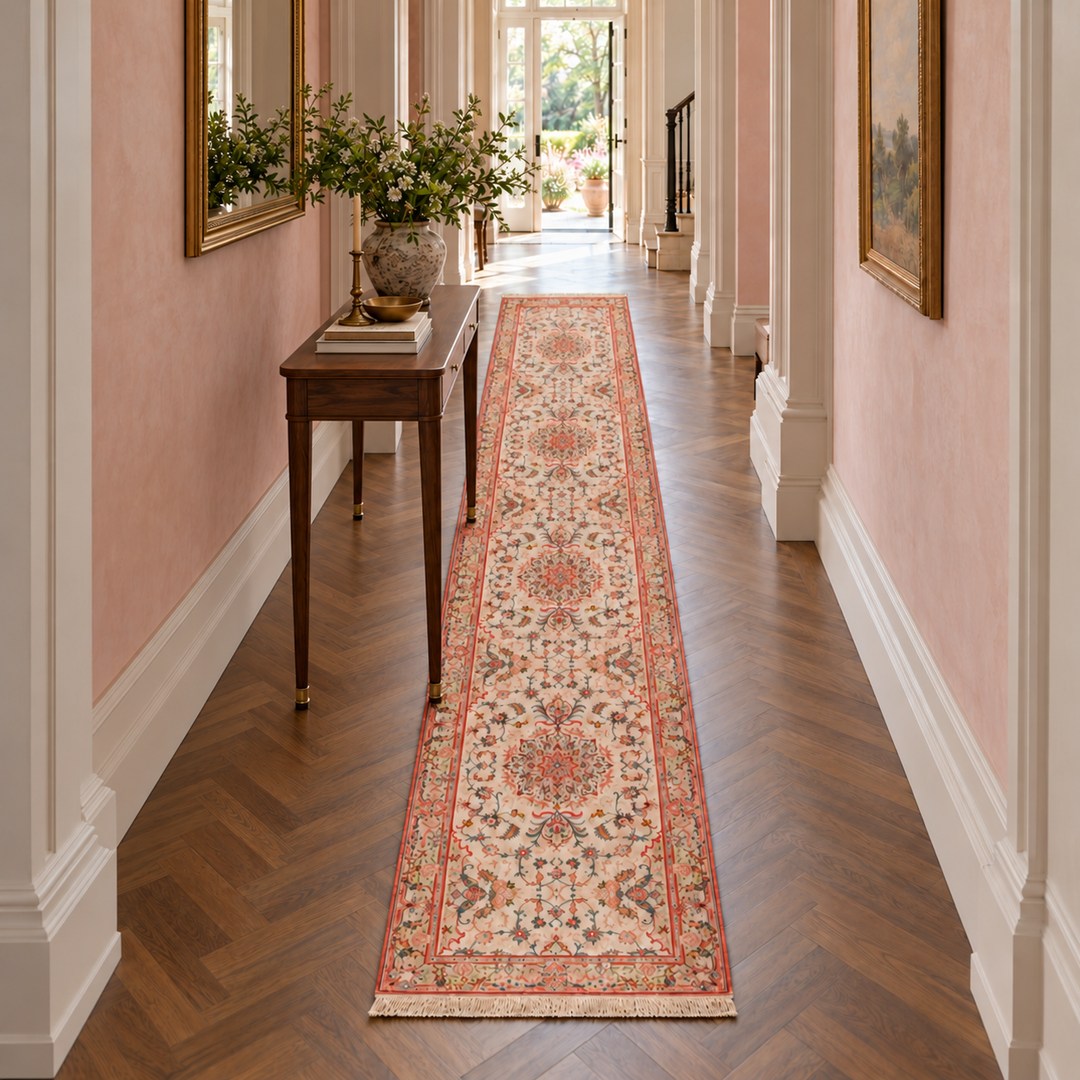 AI-generated interior visualization — MW-HM-0928, 411 x 83 cm, very narrow long runner rug; illustrative interior styling, not a customer project or measurement.