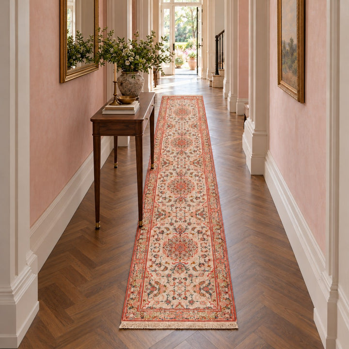 AI-generated interior visualization — MW-HM-0928, 411 x 83 cm, very narrow long runner rug; illustrative interior styling, not a customer project or measurement.