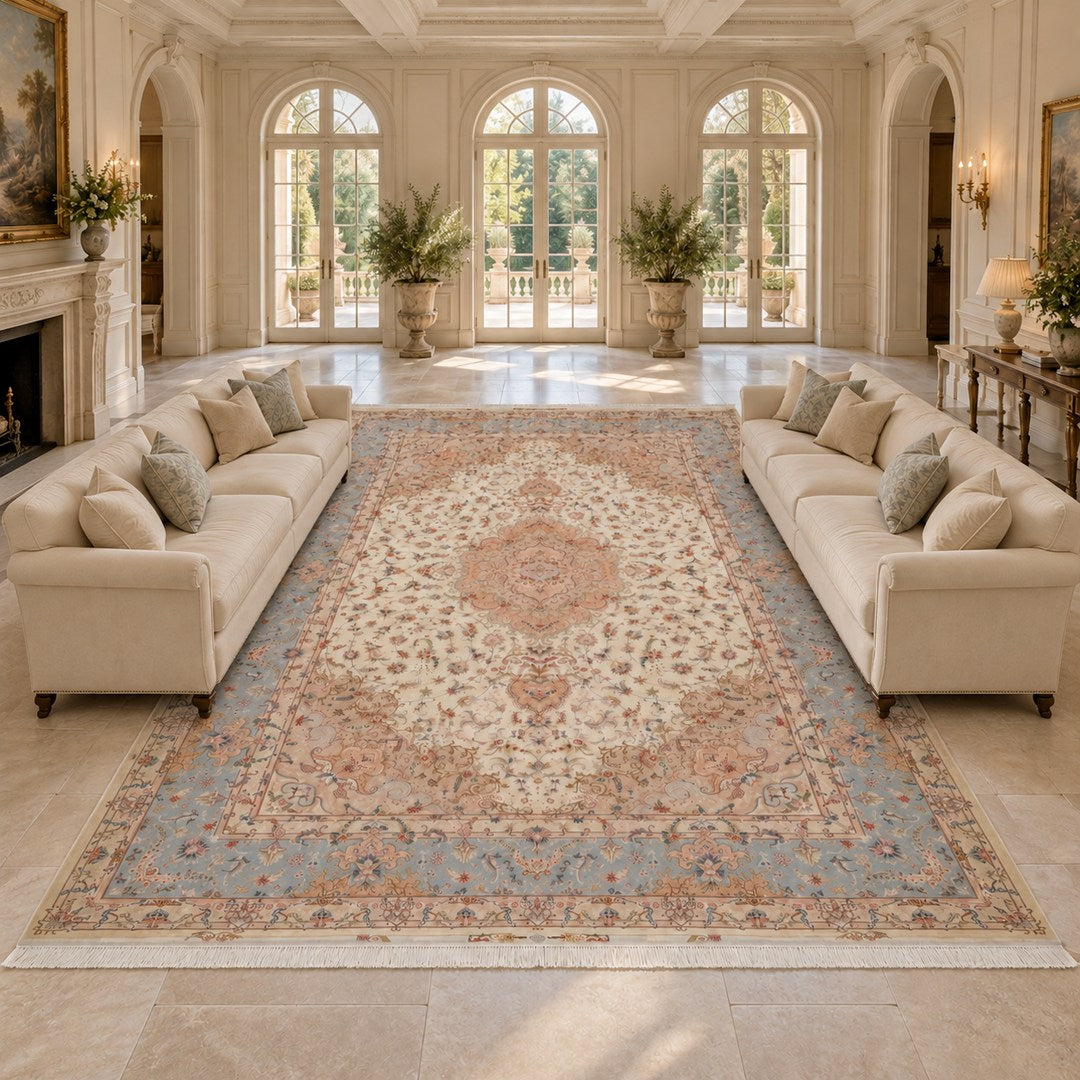 AI-generated interior visualization — MW-HM-0929, 600 x 392cm, very large rectangle rug; illustrative interior styling, not a customer project or measurement.