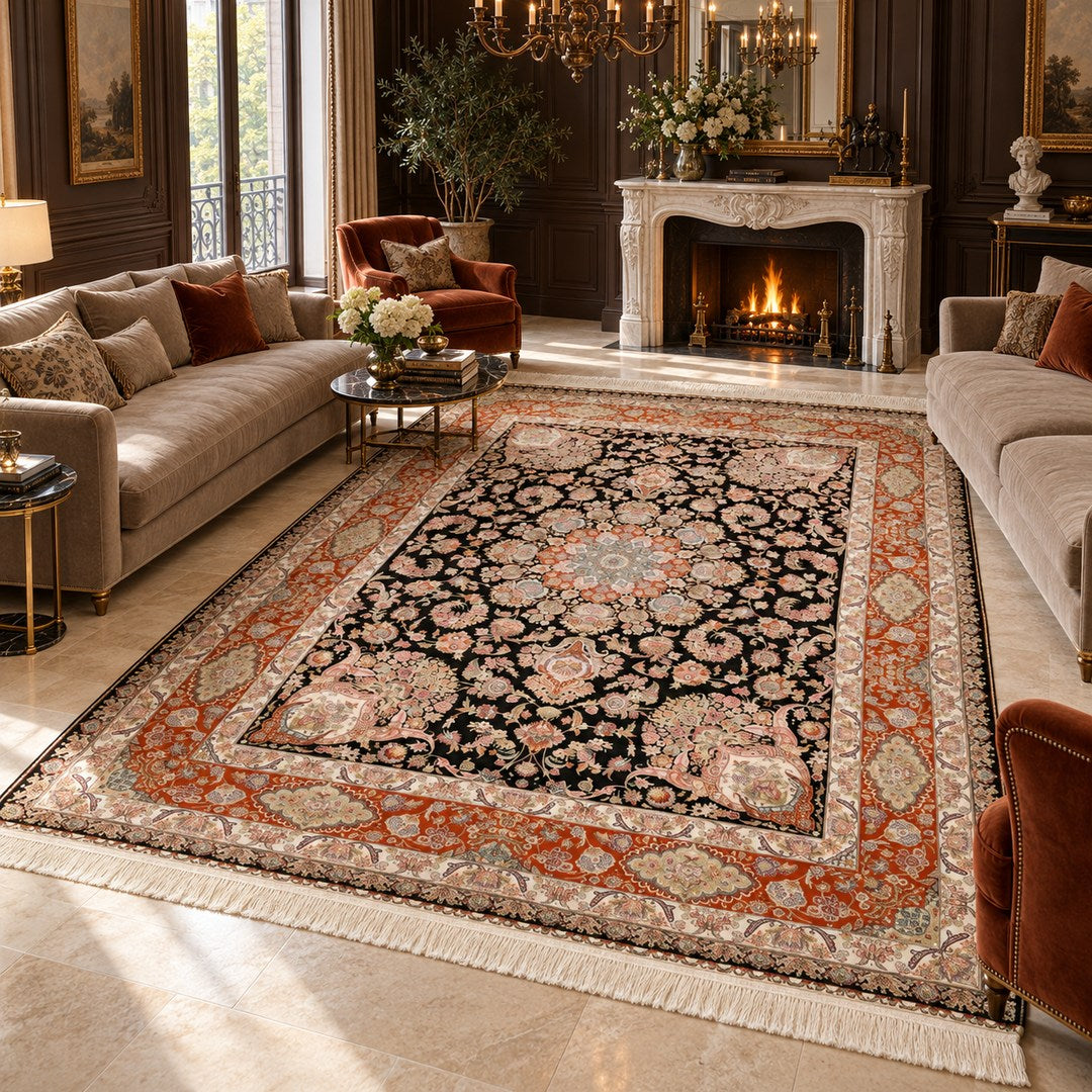 AI-generated interior visualization of MW-HM-0930, rectangular rug 412 × 295 cm. Styling illustration; see original product photograph for exact details.