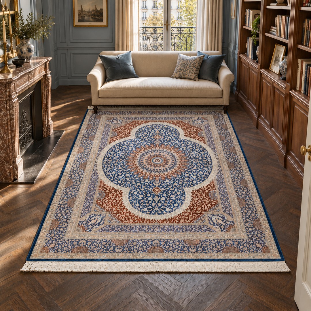 AI-generated interior visualization — MW-HM-0931, 355 x 246 cm, rectangle rug; illustrative interior styling, not a customer project or measurement.