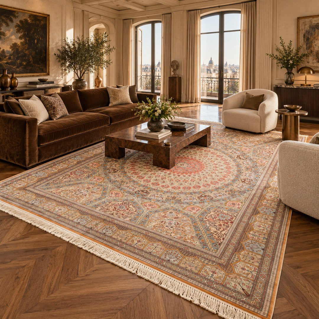 AI-generated interior visualization of MW-HM-0932, rectangle rug 397 × 293 cm. Styling illustration; see original product photograph for exact details.