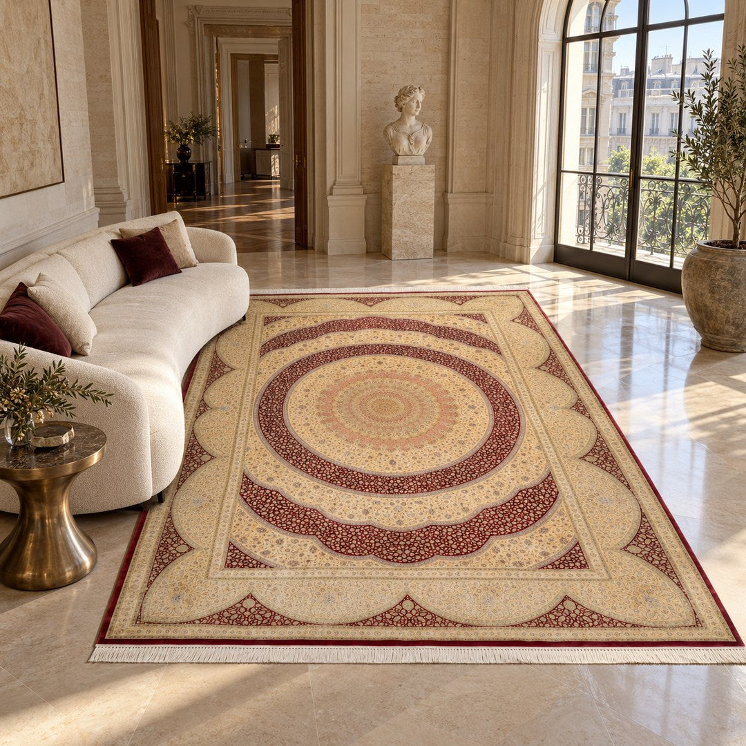 AI-generated interior visualization — MW-HM-0934, 388 x 289 cm, large rectangle rug; illustrative interior styling, not a customer project or measurement.