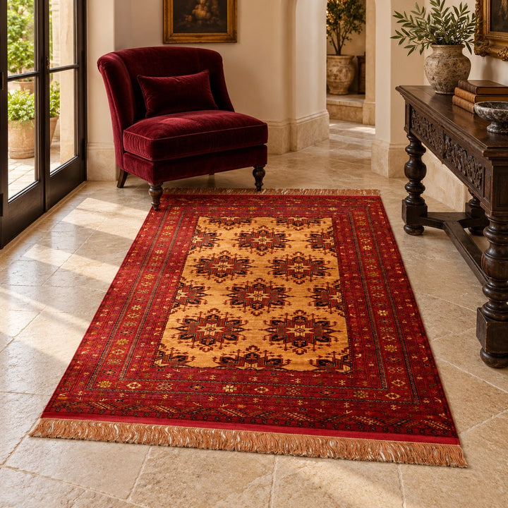 AI-generated interior visualization of MW-HM-0935, rectangular rug 177 × 121 cm. Styling illustration; see the original product photograph for exact details.
