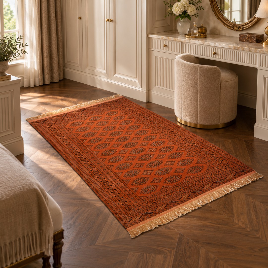 AI-generated interior visualization of MW-HM-0936, rectangular rug 179 × 117 cm. Styling illustration; see the original product photograph for exact details.