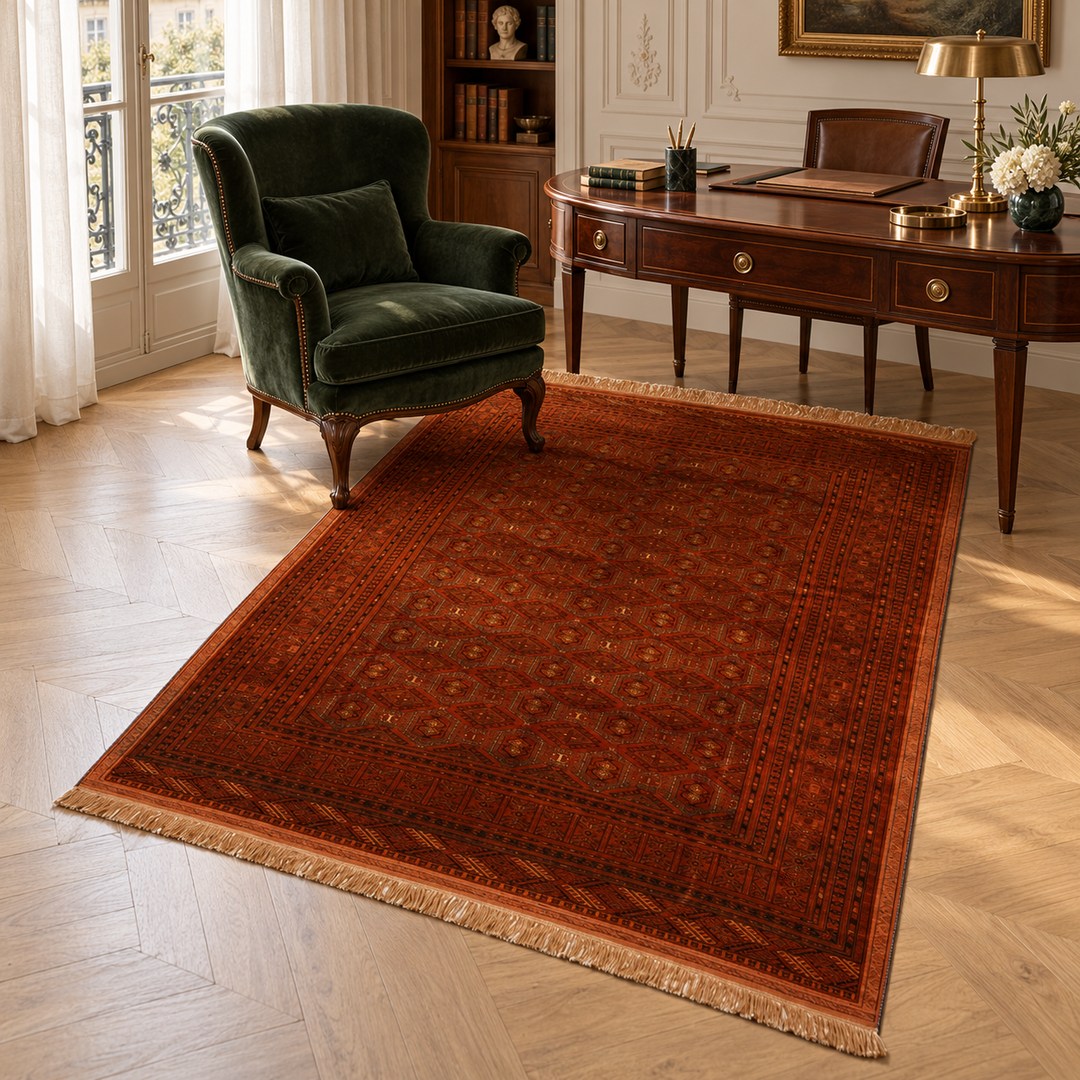 AI-generated interior visualization of MW-HM-0937, rectangular rug 197 × 128 cm. Styling illustration; see the original product photograph for exact details.