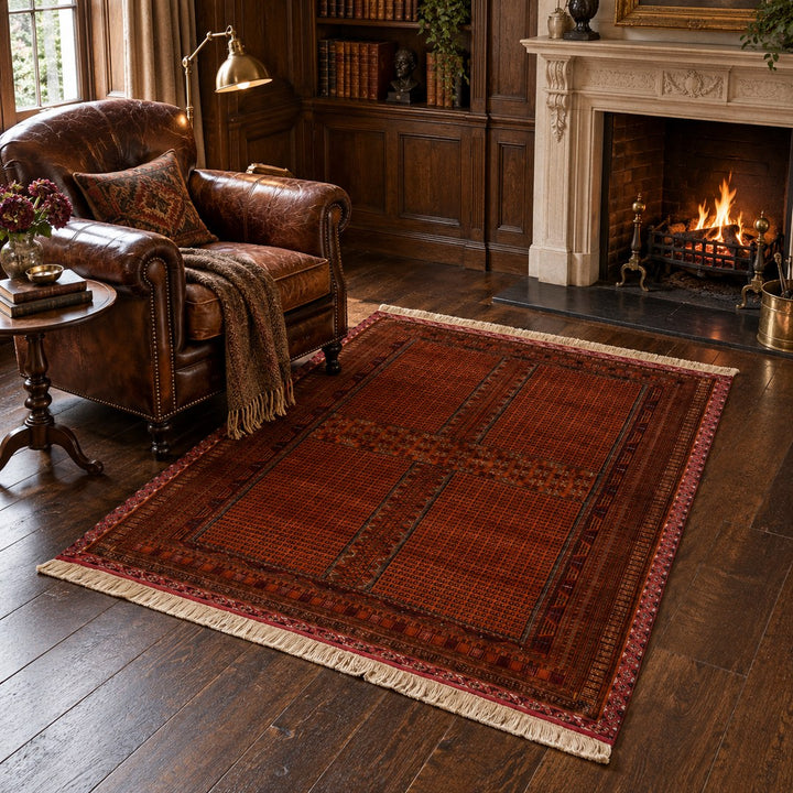 AI-generated interior visualization of MW-HM-0938, rectangular rug 197 × 136 cm. Styling illustration; see the original product photograph for exact details.