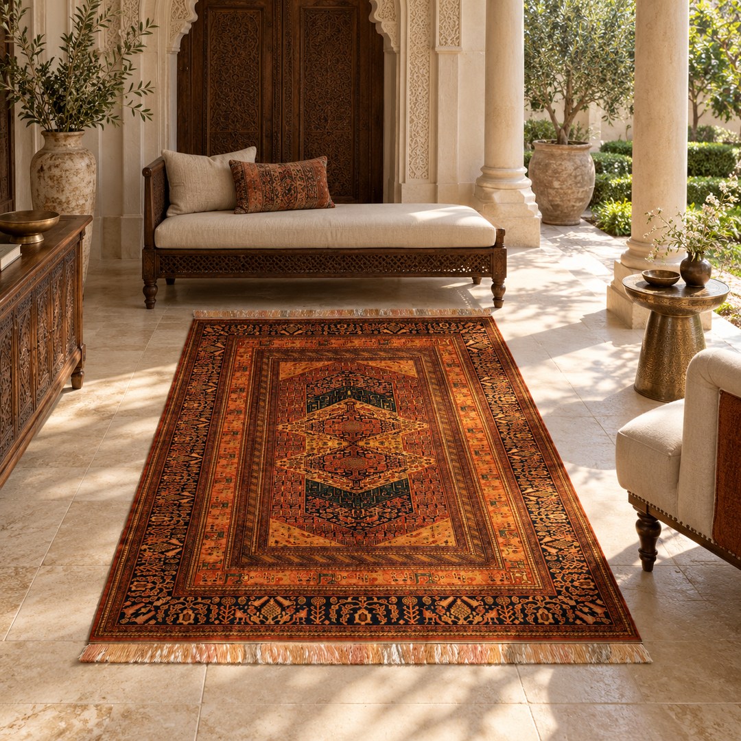 AI-generated interior visualization of MW-HM-0939, rectangular rug 209 × 133 cm. Styling illustration; see the original product photograph for exact details.