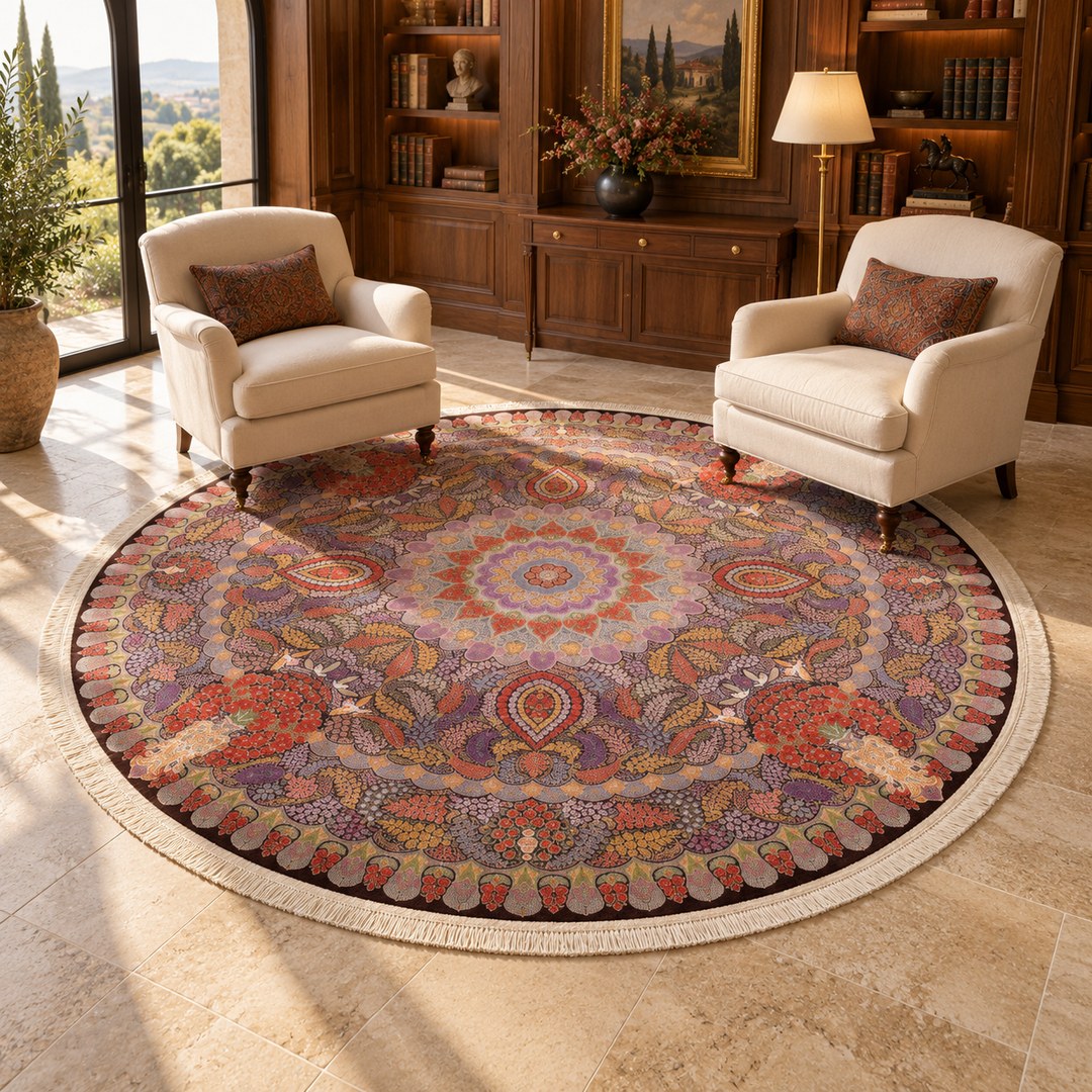 AI-generated interior visualization — MW-HM-0945, 350 x 350 cm, round rug; illustrative scale, not a real customer project.
