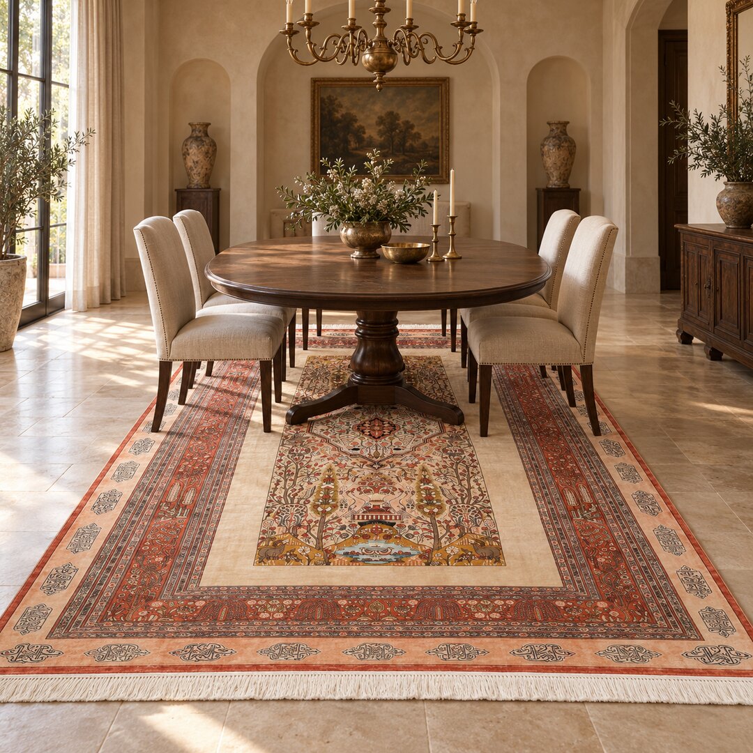 AI-generated interior visualization — MW-HM-0947, 386 x 256 cm rug. Styling illustration; original product photo shows exact details.