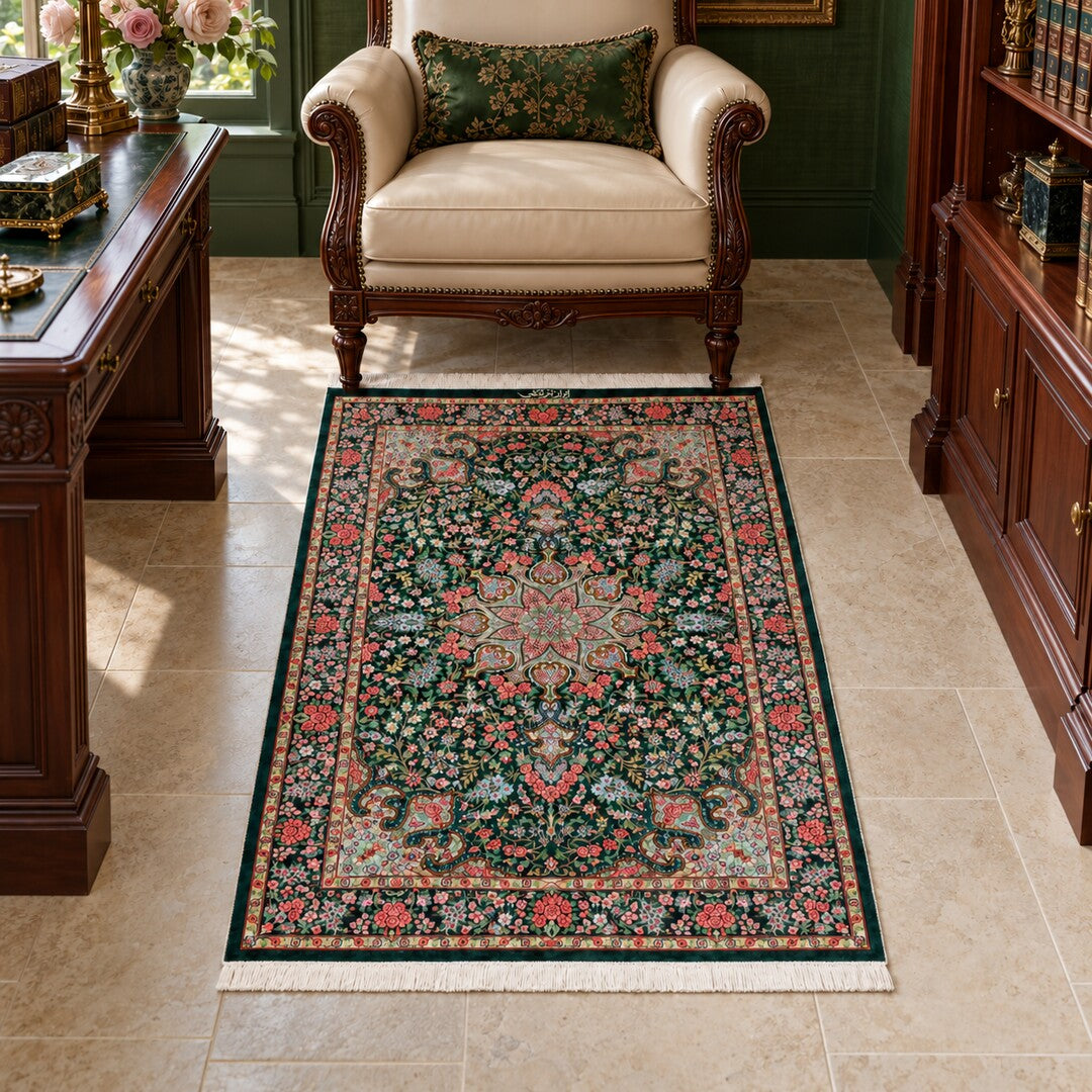 AI-generated interior visualization — SKU MW-HM-0952 — rug 119 × 78 cm; illustrative scale, not a customer project.